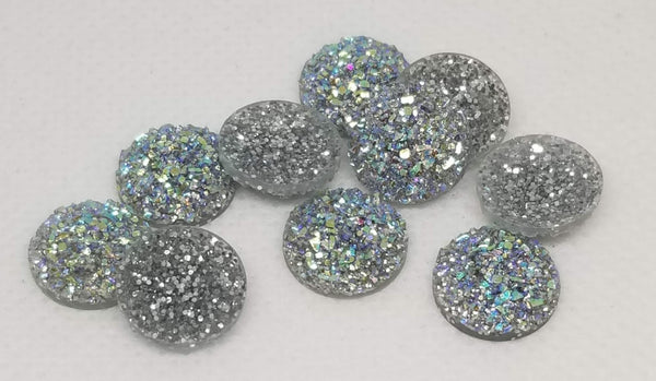 12mm - Flat Druzy, Rainbow Glitter Silver