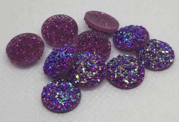 12mm - Flat Druzy, Rainbow Glitter Raspberry